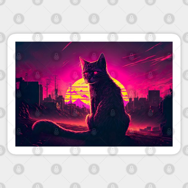 Stray Cat Watching Synthwave Sunset In Apocalyptic City Sticker by Nightarcade